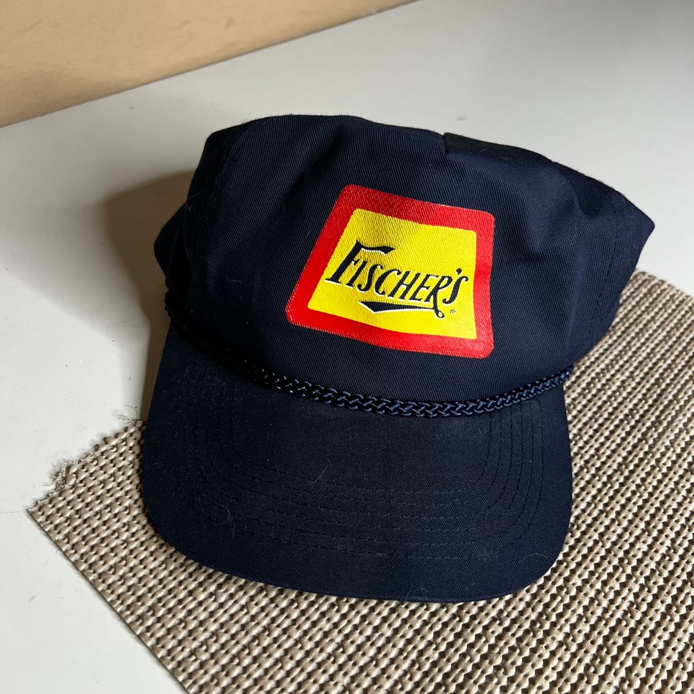 Vintage Fischers Patch Trucker Hat Navy Blue San Sun Snapback Rope Cap Mens OSFM